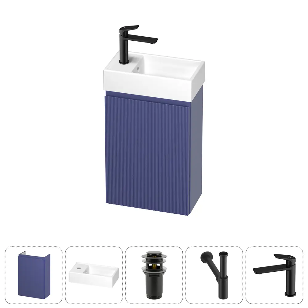 Фото Тумба с раковиной подвесная Wellsee WC Area 20216880R с донным клапаном, сифоном и смесителем цвет синий Фото Тумба с раковиной подвесная Wellsee WC Area 20216880R с донным клапаном, сифоном и смесителем цвет синий