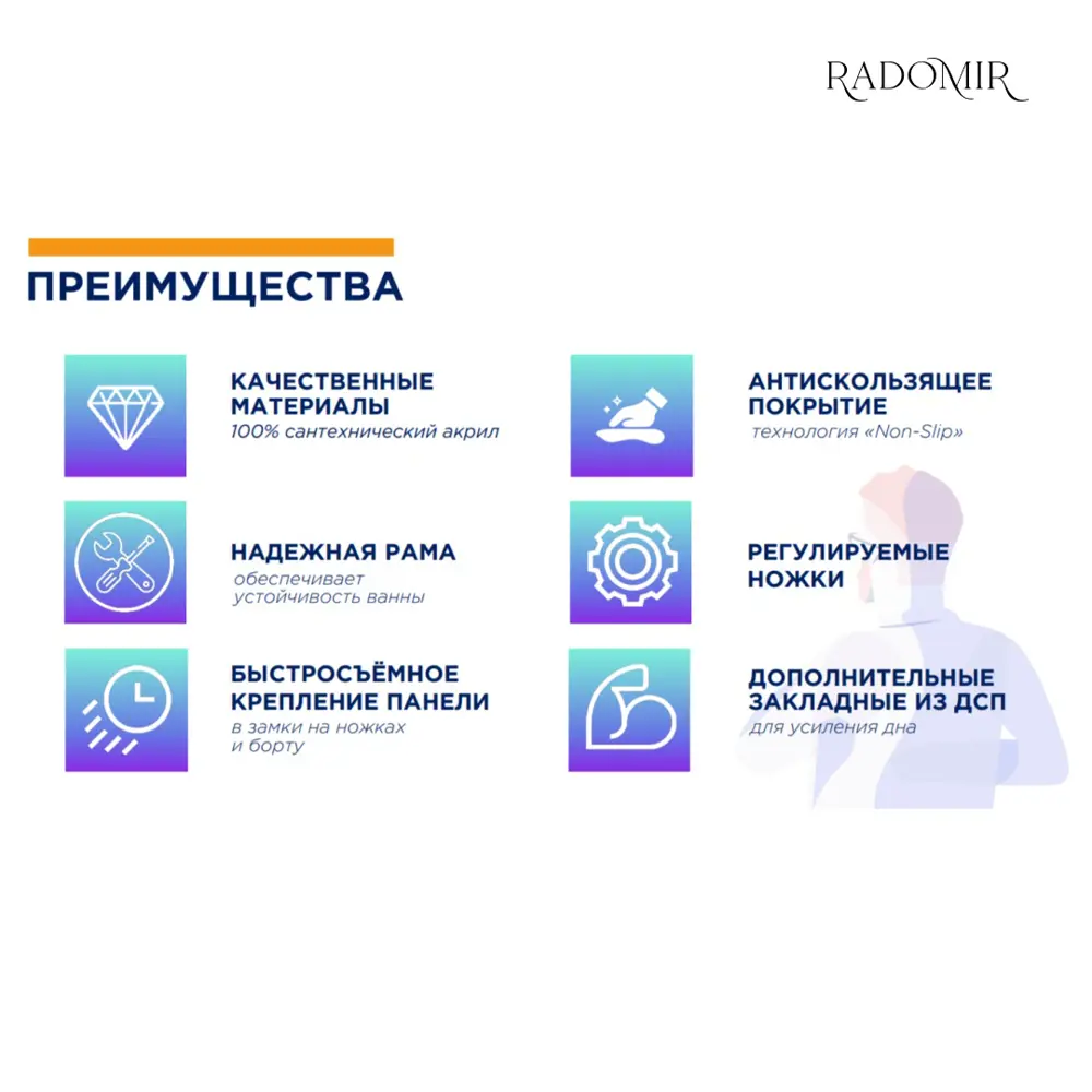 Фото 7 Прямоугольная ванна Radomir SMP 0-78-2-0-9-244 акрил 170x70см Фото 7 Прямоугольная ванна Radomir SMP 0-78-2-0-9-244 акрил 170x70см