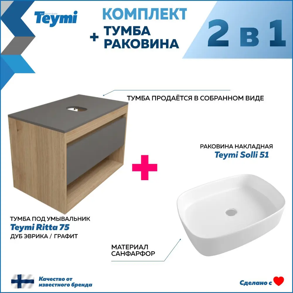 Фото 3 Комплект тумба под раковину Teymi Ritta 75 дуб эврика/графит матовый и раковина Solli 51 F03426 Фото 3 Комплект тумба под раковину Teymi Ritta 75 дуб эврика/графит матовый и раковина Solli 51 F03426