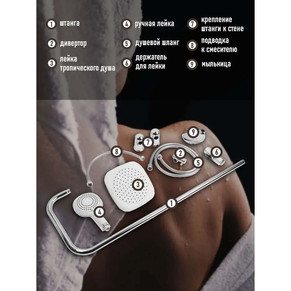 Фото 6 Душевая стойка Zein 9847898 3 режимная цвет хром Фото 6 Душевая стойка Zein 9847898 3 режимная цвет хром