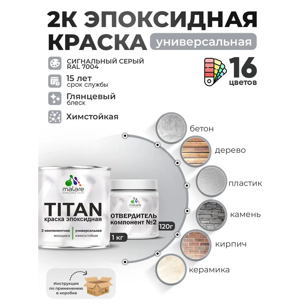 Фото Краска эпоксидная двухкомпонентная Malare Titan высокопрочная глянцевая цвет RAL 7004 сигнальный серый 1 кг отвердитель 0.12 кг