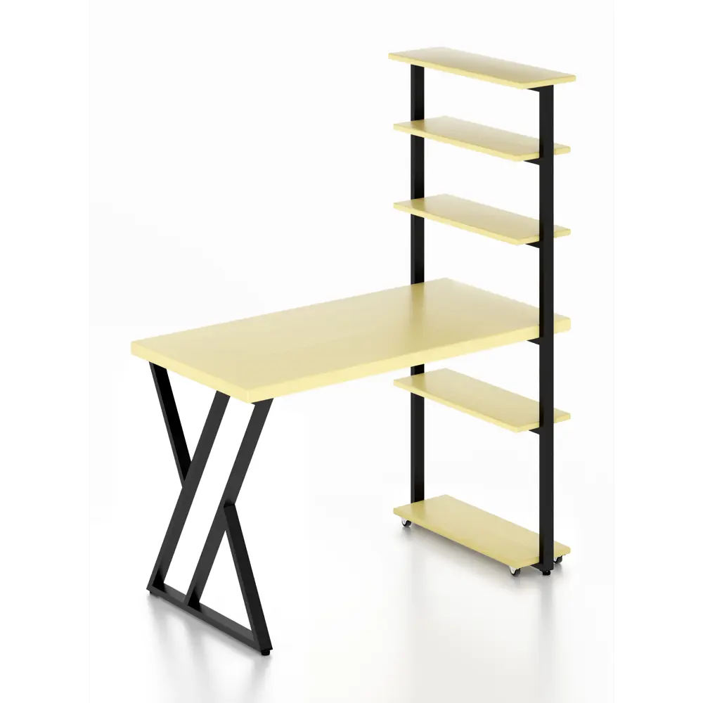 Фото Стол Solarius loft с 5 полками столешница 40 мм 60x145x140 см черные металлические Z-образные ножки сосна цвет ванильный