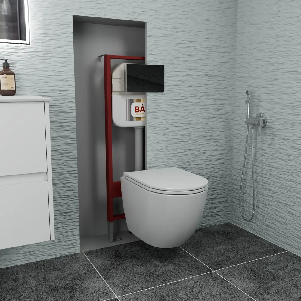 Фото Комплект BAUEDGE NEO45700-GR-4455SQ-Q00011 6 в 1: инсталляция 45, унитаз, со смывом торнадо Grossman Hurricane 3, сиденье, кнопка из стекла Dream