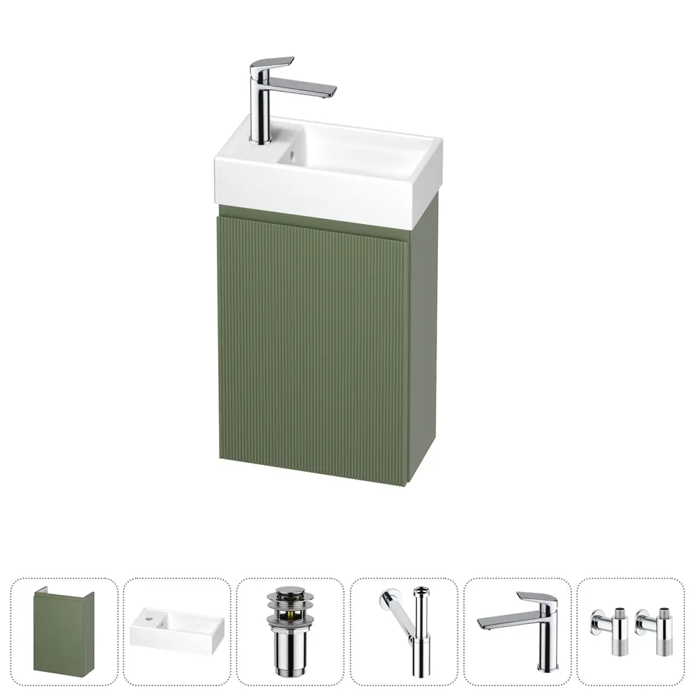 Фото Тумба с раковиной подвесная Wellsee WC Area 20216896R с донным клапаном, сифоном, смесителем и вентилями цвет зеленый Фото Тумба с раковиной подвесная Wellsee WC Area 20216896R с донным клапаном, сифоном, смесителем и вентилями цвет зеленый