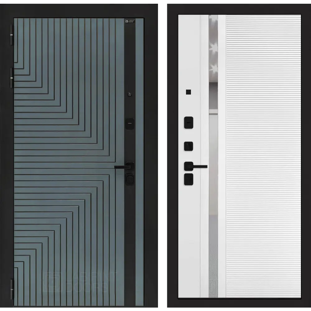 Фото Входная дверь Лабиринт Кредор левый 205x88см цвет серо-зеленый с патиной/белый софт с зеркалом П31