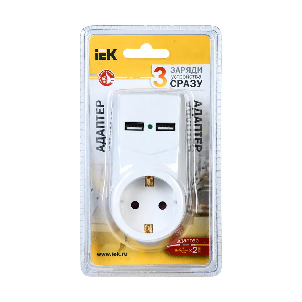Фото Адаптер Iek 1 розетка с заземлением 2 USB 2.1 A цвет белый Фото Адаптер Iek 1 розетка с заземлением 2 USB 2.1 A цвет белый