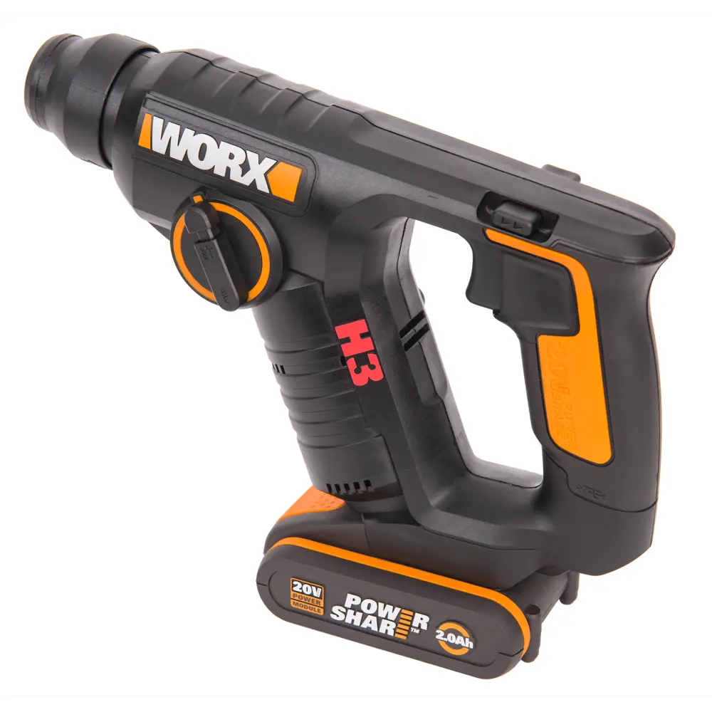 Фото 2 Перфоратор аккумуляторный SDS-plus Worx WX394.3, 20 В Li-Ion 1x2 Ач, 1.5 Дж Фото 2 Перфоратор аккумуляторный SDS-plus Worx WX394.3, 20 В Li-Ion 1x2 Ач, 1.5 Дж