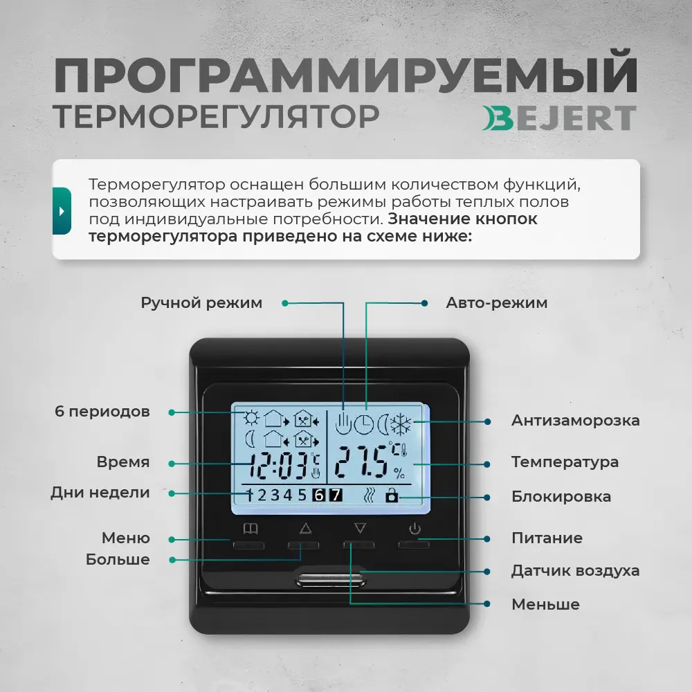 Фото 3 Нагревательный мат для теплого пола Bejert B740KM4.0-600M1-12 4 м² 600 Вт с черным программируемым терморегулятором Фото 3 Нагревательный мат для теплого пола Bejert B740KM4.0-600M1-12 4 м² 600 Вт с черным программируемым терморегулятором