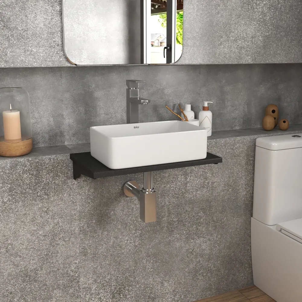 Фото 2 Комплект BAUEDGE BF1061: столешница кварц 50 см с кронштейнами раковина Hotel mini 37x23, смеситель хром Hotel Still, выпуск и сифон Фото 2 Комплект BAUEDGE BF1061: столешница кварц 50 см с кронштейнами раковина Hotel mini 37x23, смеситель хром Hotel Still, выпуск и сифон