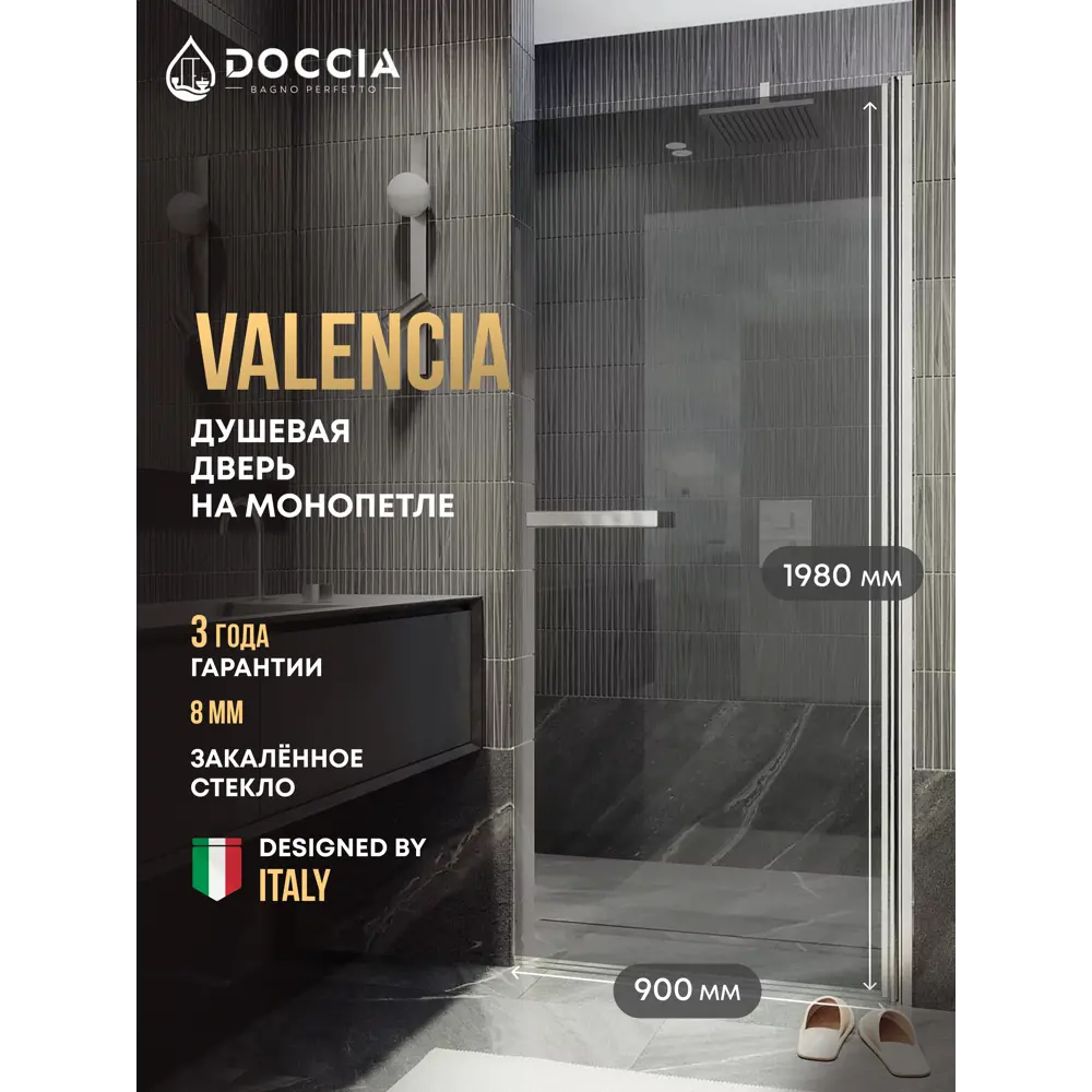 Фото Душевая дверь Doccia GLASS900pt/GR/8CHMT 90см эффект стекла прозрачный распашной