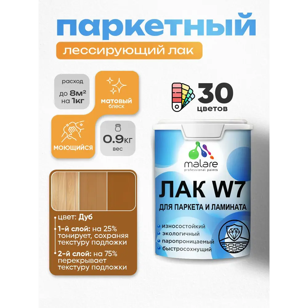 Фото Лак паркетный тонирующий Malare Series W износостойкий без запаха матовый дуб 0.9 кг Фото Лак паркетный тонирующий Malare Series W износостойкий без запаха матовый дуб 0.9 кг
