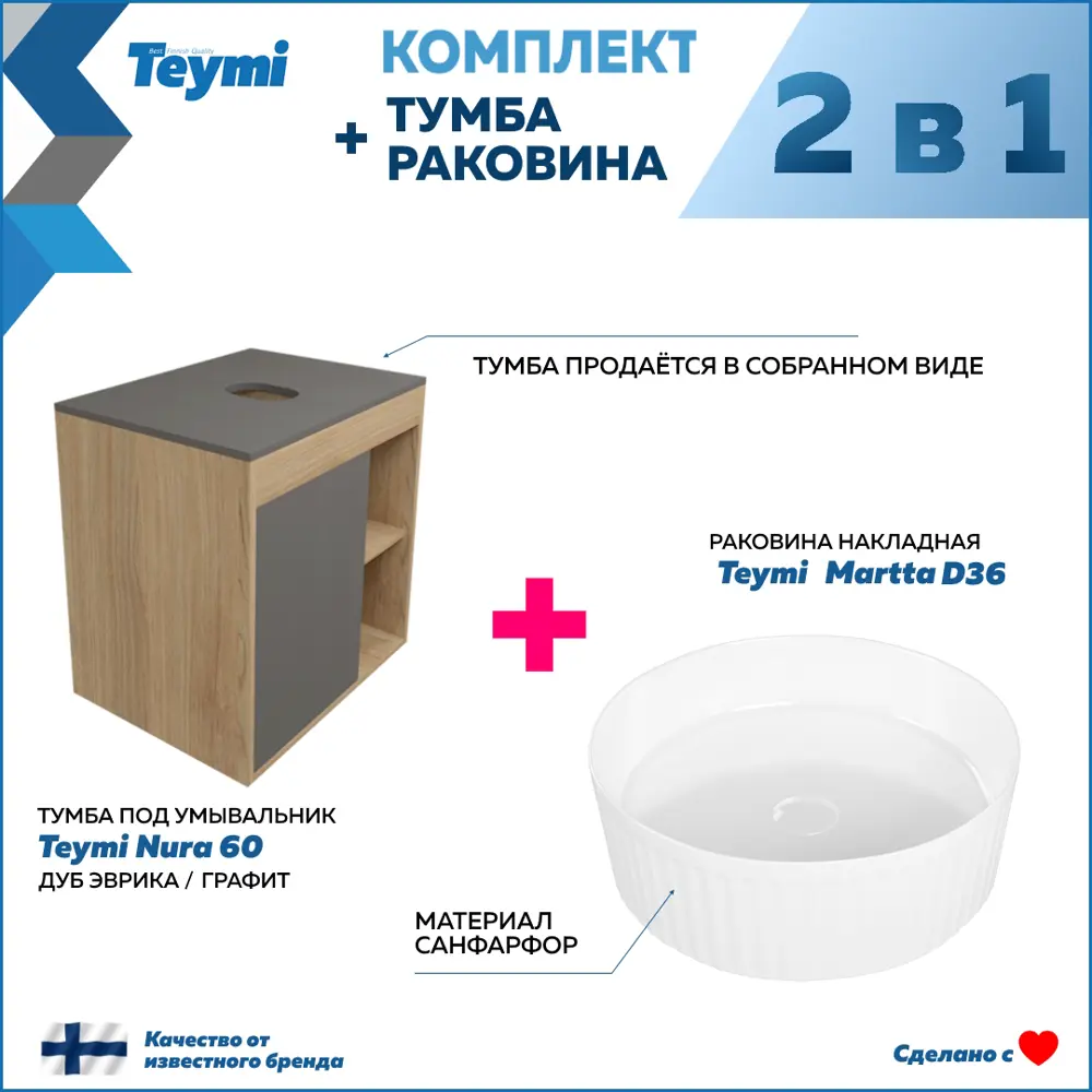 Фото 2 Тумба подвесная с раковиной для ванной 60 см Teymi Nura F15154 корпус дуб фасад графит раковина Martta D36 Фото 2 Тумба подвесная с раковиной для ванной 60 см Teymi Nura F15154 корпус дуб фасад графит раковина Martta D36