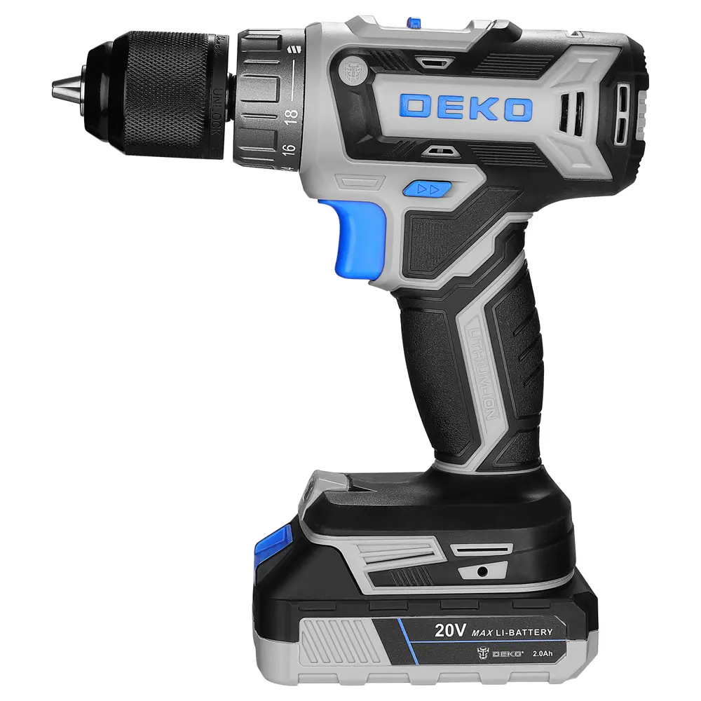 Фото 3 Дрель-шуруповерт аккумуляторная Deko DKCD20V PRO 080-1001, 20 В Li-Ion 2x2 Ач в комплекте с набором инструментов 63 шт