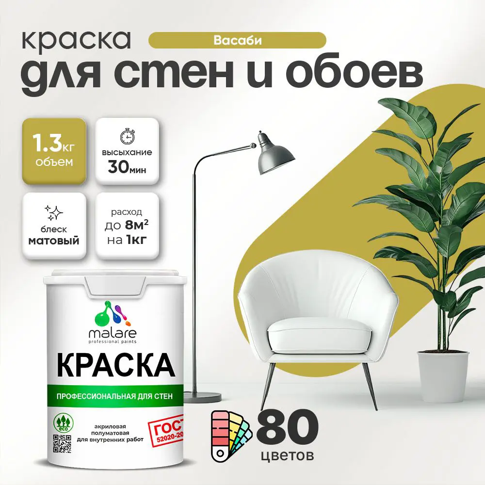 Фото Краска для стен Malare Professional без запаха матовая цвет васаби 1л Фото Краска для стен Malare Professional без запаха матовая цвет васаби 1л