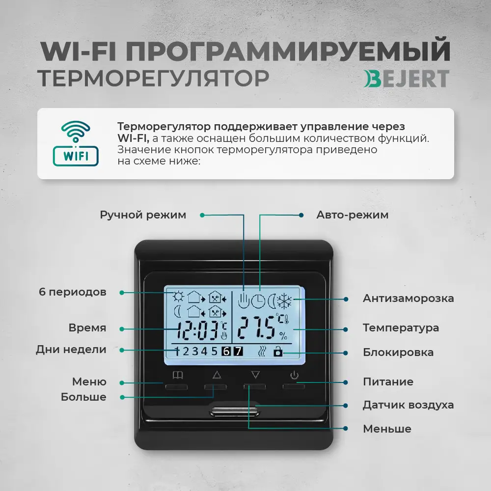 Фото 3 Нагревательный мат для теплого пола Bejert B740KM5.0-750M1-32 5 м² 750 Вт с черным Wi-Fi программируемым терморегулятором Фото 3 Нагревательный мат для теплого пола Bejert B740KM5.0-750M1-32 5 м² 750 Вт с черным Wi-Fi программируемым терморегулятором