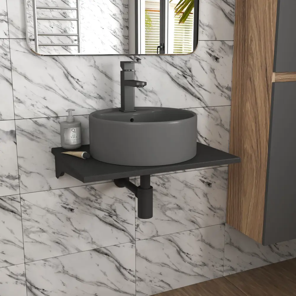 Фото 2 Комплект Bauedge: Столешница кварц 60 см раковина Bau Element D41 Смеситель Hotel Black выпуск и сифон Dream BF1158 Фото 2 Комплект Bauedge: Столешница кварц 60 см раковина Bau Element D41 Смеситель Hotel Black выпуск и сифон Dream BF1158