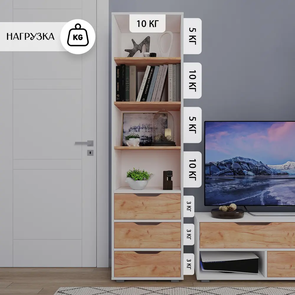 Фото 2 Стеллаж деревянный Letta 48x180x40 см нагрузка до 5 кг ЛДСП цвет белый и дуб крафт золотой Фото 2 Стеллаж деревянный Letta 48x180x40 см нагрузка до 5 кг ЛДСП цвет белый и дуб крафт золотой