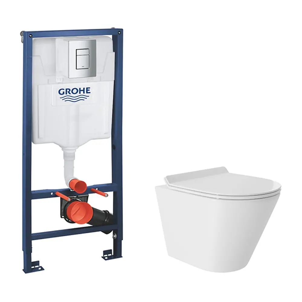Фото Инсталляция GROHE Rapid SL с клавишей хром и унитаз подвесной безободковый ADT 48x36Vortex микролифт белый глянцевый конус Фото Инсталляция GROHE Rapid SL с клавишей хром и унитаз подвесной безободковый ADT 48x36Vortex микролифт белый глянцевый конус