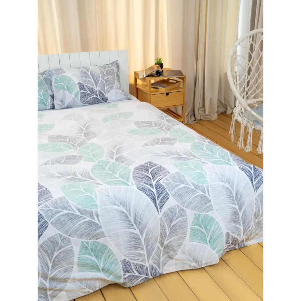 Фото 3 Комплект постельного белья Ilma Серо-зеленые листья 2-спальный перкаль разноцветный BKP-019004