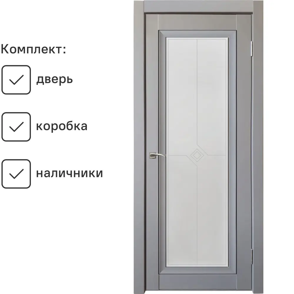 Фото Комплект межкомнатной двери Uberture Деканто 2 остеклённая 200x60см ПВХ цвет barhat grey с коробом и наличниками Фото Комплект межкомнатной двери Uberture Деканто 2 остеклённая 200x60см ПВХ цвет barhat grey с коробом и наличниками