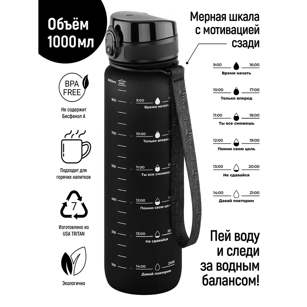 Фото 2 Бутылка для воды Elan Gallery 280179 Style Matte 1 л стекло цвет черный Фото 2 Бутылка для воды Elan Gallery 280179 Style Matte 1 л стекло цвет черный