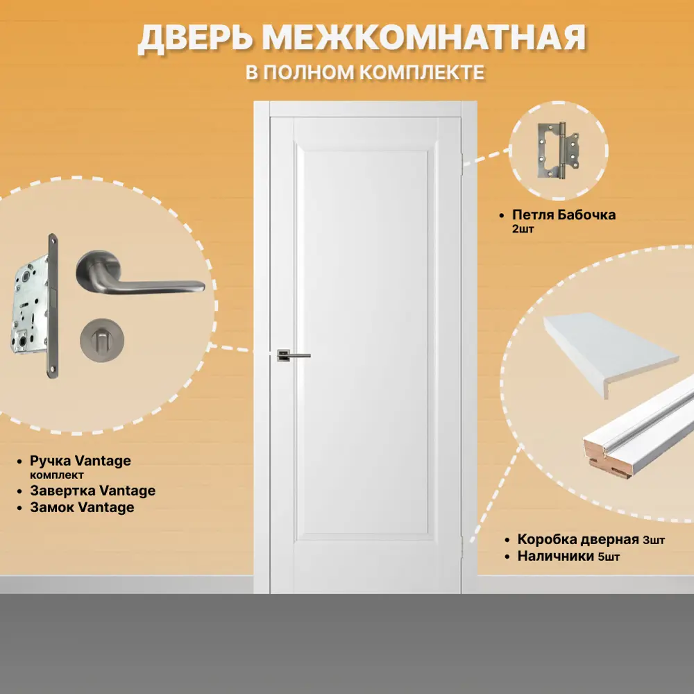 Фото 2 Комплект межкомнатной двери Двери регионов Нова 1 Сантехническая глухая 200x60см ПВХ цвет аляска с коробом и наличниками фурнитура Никель Vantage 34 D Фото 2 Комплект межкомнатной двери Двери регионов Нова 1 Сантехническая глухая 200x60см ПВХ цвет аляска с коробом и наличниками фурнитура Никель Vantage 34 D
