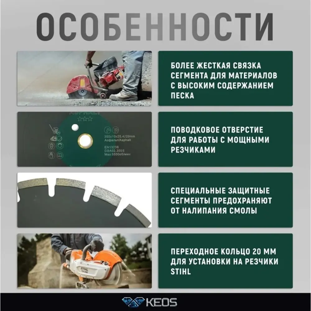 Фото 3 Диск алмазный по асфальту Keos DBA02.350S с сегментированной кромкой 350x25.4x3.4 мм