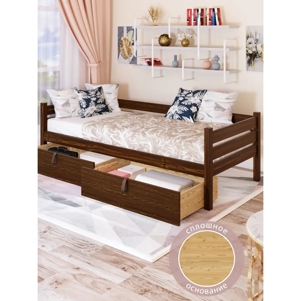 Фото 5 Тахта односпальная Solarius сплошное основание с 2 выкатными ящиками 110x63x200 см сосна цвет темный дуб Фото 5 Тахта односпальная Solarius сплошное основание с 2 выкатными ящиками 110x63x200 см сосна цвет темный дуб
