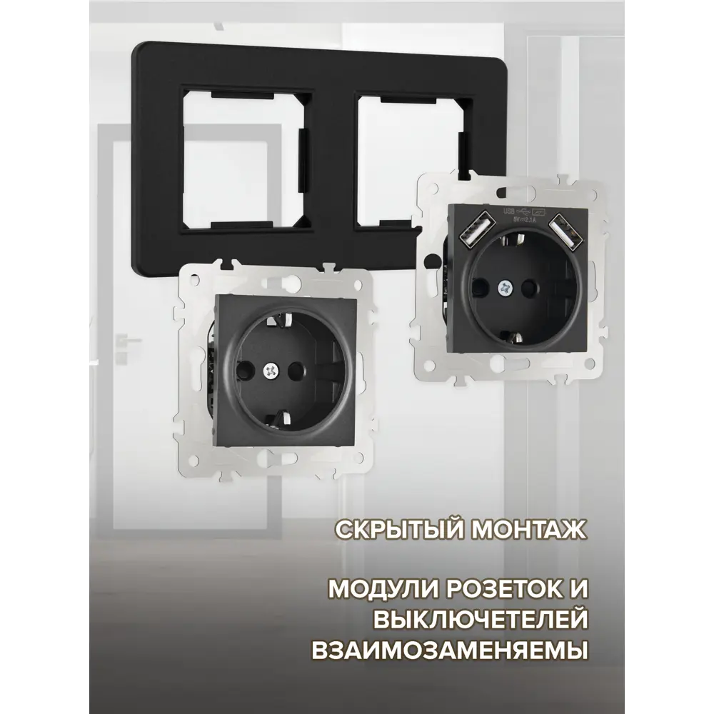Фото 2 Розетка двойная с USB встраиваемая с рамкой Arte milano SET16-2-47-1-40-1.black с заземлением и шторками цвет черный Фото 2 Розетка двойная с USB встраиваемая с рамкой Arte milano SET16-2-47-1-40-1.black с заземлением и шторками цвет черный