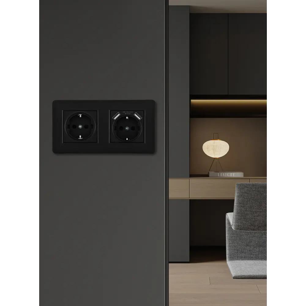 Фото 4 Розетка двойная с USB встраиваемая с рамкой Arte milano SET16-2-47-1-40-1.black с заземлением и шторками цвет черный Фото 4 Розетка двойная с USB встраиваемая с рамкой Arte milano SET16-2-47-1-40-1.black с заземлением и шторками цвет черный