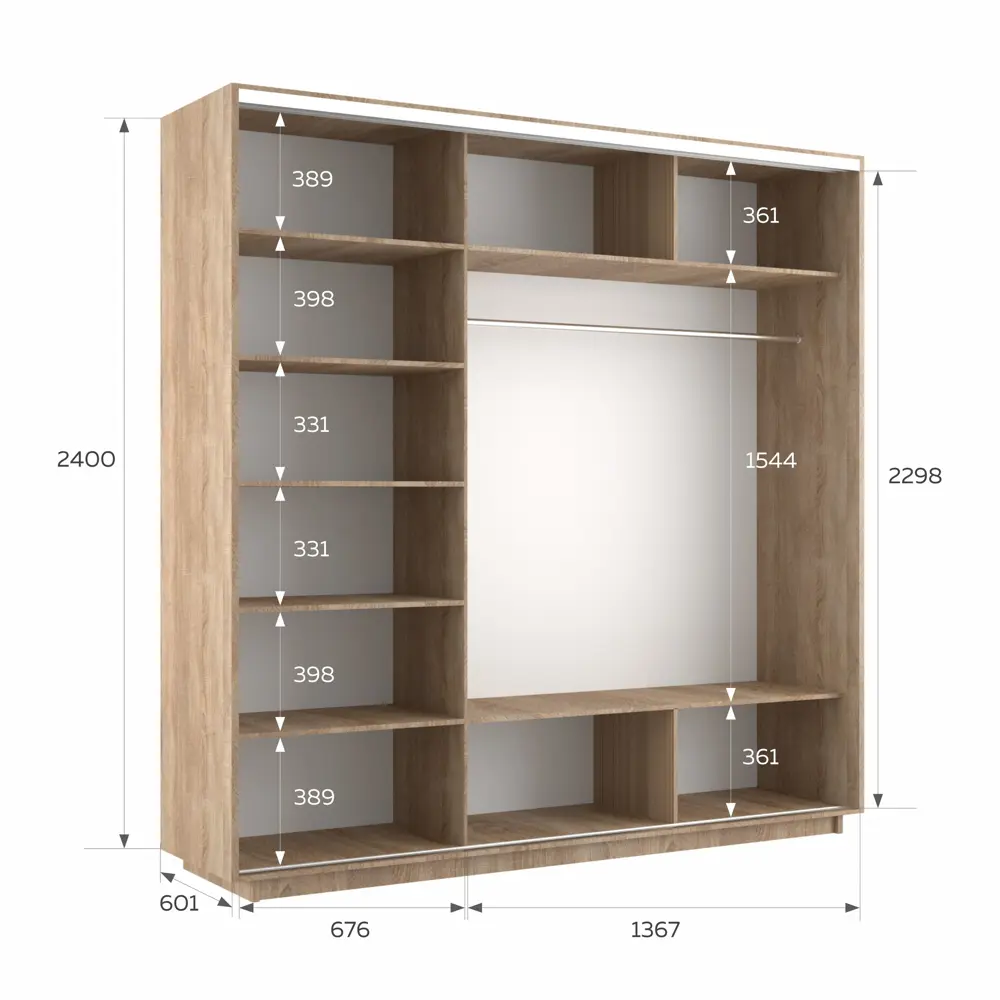 Фото 3 Шкаф-купе Мебельная Компания Е1 3 дверный 240x210x60 см зеркала 9 полок ЛДСП цвет дуб сонома Фото 3 Шкаф-купе Мебельная Компания Е1 3 дверный 240x210x60 см зеркала 9 полок ЛДСП цвет дуб сонома