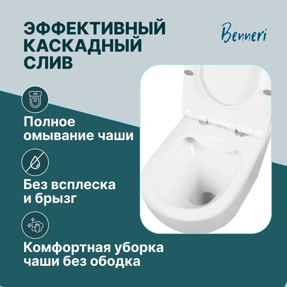 Фото 5 Унитаз подвесной Benneri B5.2.1176.00 безободковый с сиденьем микролифт Фото 5 Унитаз подвесной Benneri B5.2.1176.00 безободковый с сиденьем микролифт