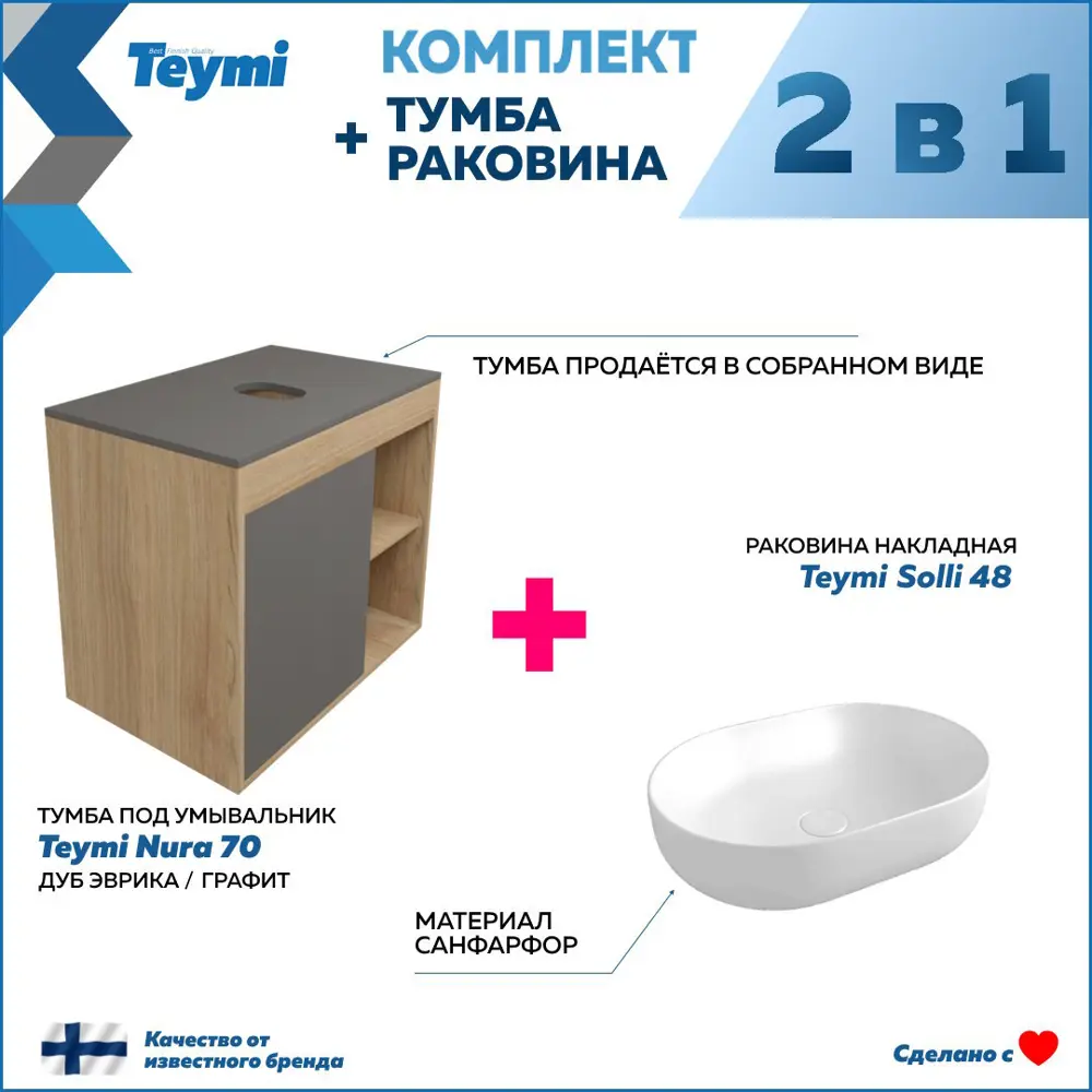 Фото 3 Комплект тумба под раковину Teymi Nura 70 дуб эврика/графит матовый и раковина Solli 48 F03524 Фото 3 Комплект тумба под раковину Teymi Nura 70 дуб эврика/графит матовый и раковина Solli 48 F03524