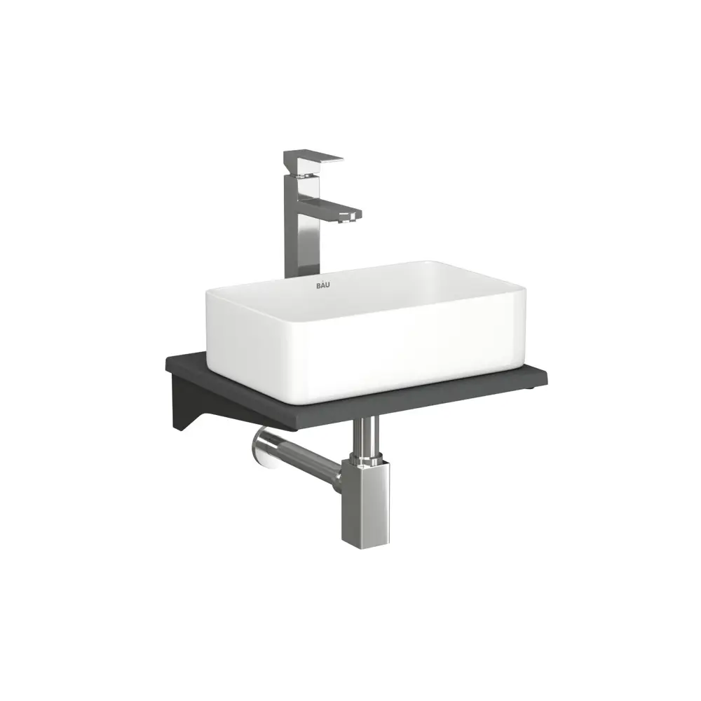 Фото Комплект BAUEDGE BF1021: столешница кварц 40 см с кронштейнами серый раковина Hotel mini 37x23, смеситель хром Hotel Still, выпуск и сифон Фото Комплект BAUEDGE BF1021: столешница кварц 40 см с кронштейнами серый раковина Hotel mini 37x23, смеситель хром Hotel Still, выпуск и сифон