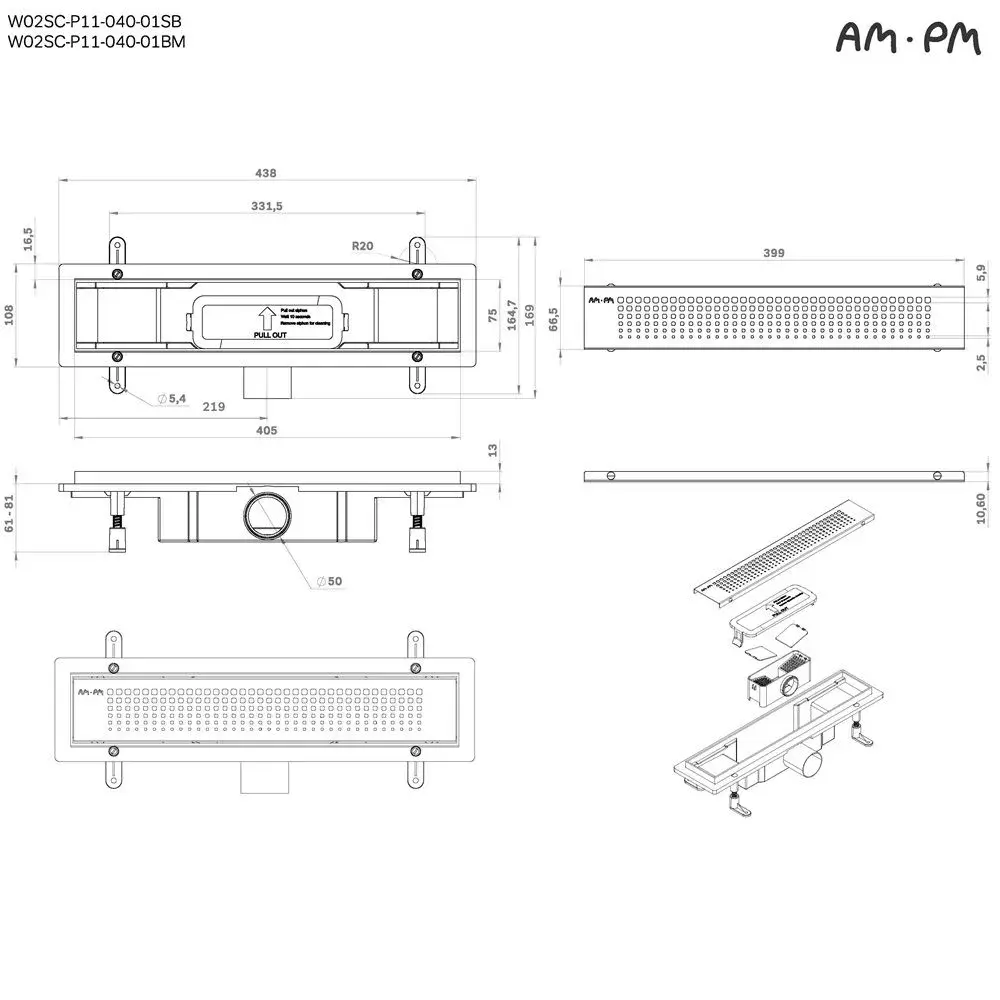 Фото 14 Трап для душа Am.pm W02SC-P11-040-01SB_7214 комбинированный затвор 40x6 см abs-пластик Фото 14 Трап для душа Am.pm W02SC-P11-040-01SB_7214 комбинированный затвор 40x6 см abs-пластик