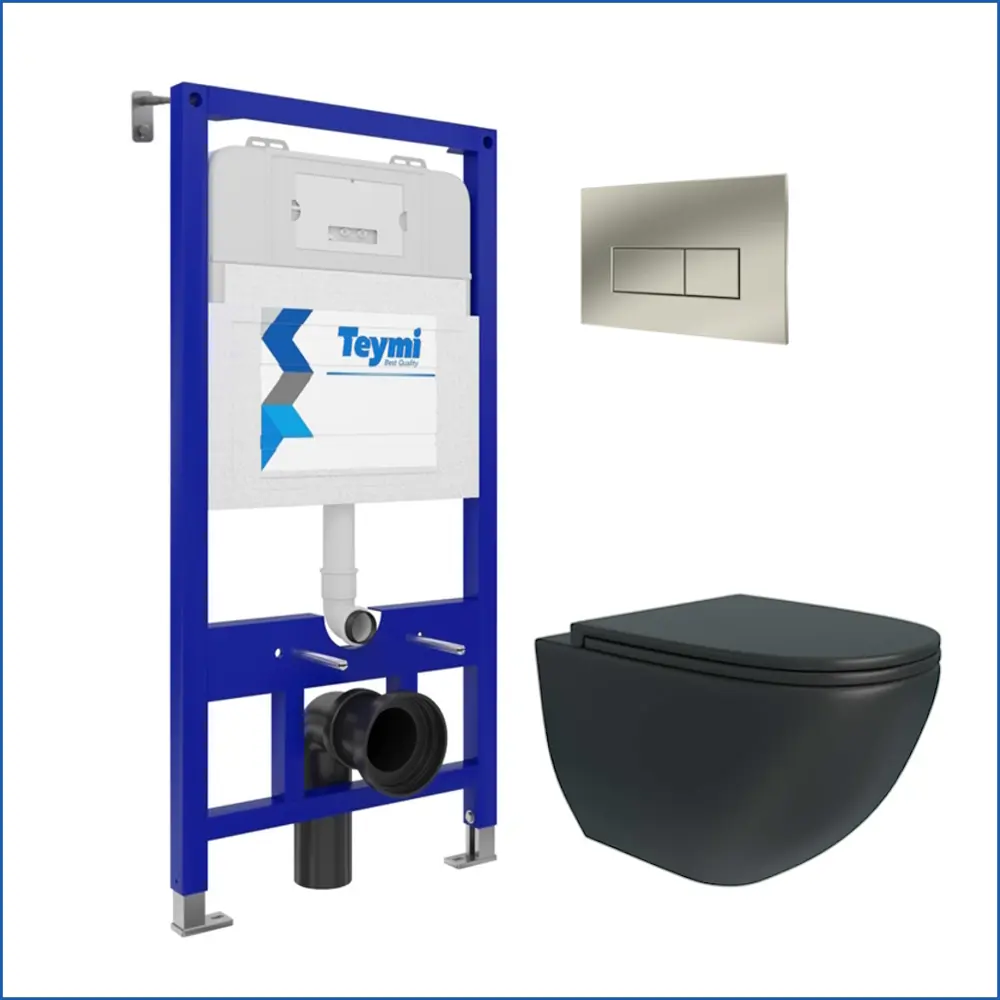 Фото 2 Комплект инсталляция с унитазом Teymi 5 в 1 F13392: унитаз подвесной безободковый черный Lina S Black кнопка нержавеющая сталь Фото 2 Комплект инсталляция с унитазом Teymi 5 в 1 F13392: унитаз подвесной безободковый черный Lina S Black кнопка нержавеющая сталь