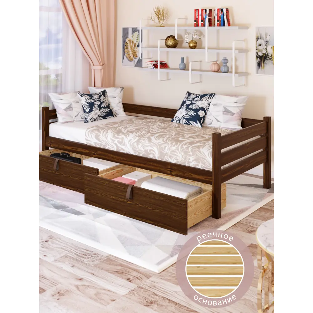 Фото 5 Тахта односпальная Solarius реечное основание с 2 выкатными ящиками 110x63x180 см сосна цвет темный дуб