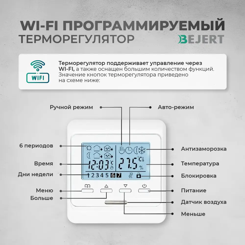Фото 4 Нагревательный мат для теплого пола Bejert B740KM1.5-225M1-31 1.5 м² 225 Вт с белым Wi-Fi программируемым терморегулятором Фото 4 Нагревательный мат для теплого пола Bejert B740KM1.5-225M1-31 1.5 м² 225 Вт с белым Wi-Fi программируемым терморегулятором