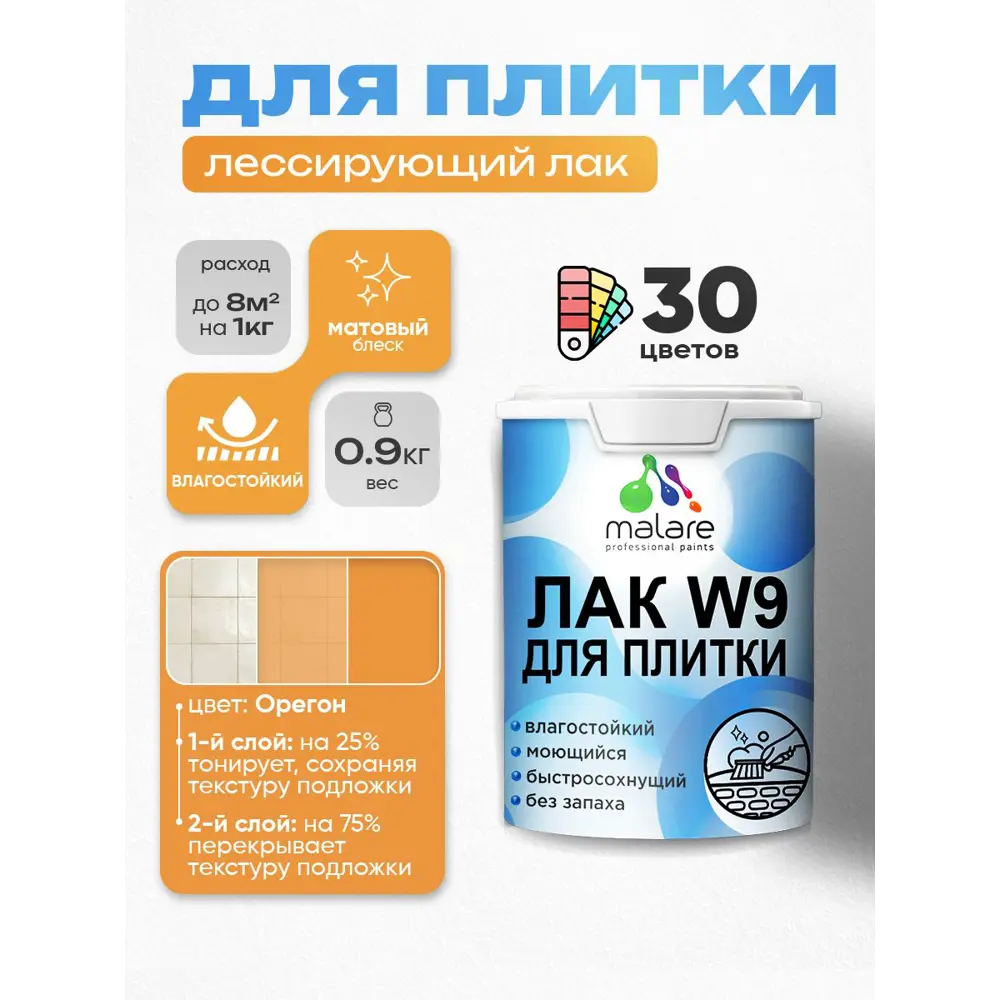 Фото Лак для плитки и кафеля тонирующий Malare Series W моющийся матовый орегон 0.9 кг