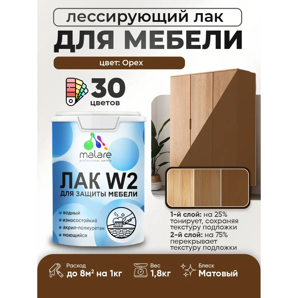 Фото Лак для мебели дерева и минеральных поверхностей тонирующий Malare Series W матовый орех 1.8 кг Фото Лак для мебели дерева и минеральных поверхностей тонирующий Malare Series W матовый орех 1.8 кг