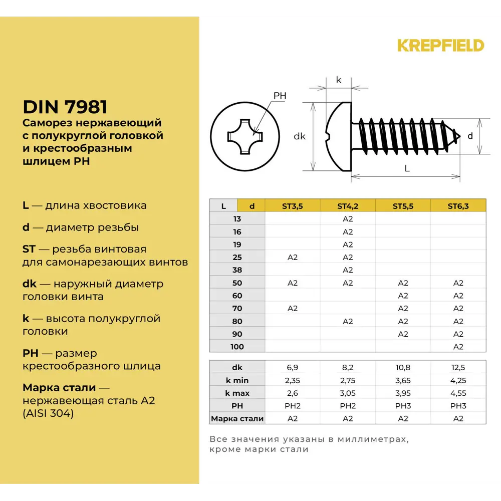Фото 3 Саморезы универсальные Krepfield DIN 7981 полукруг острые оцинкованные 6.3x70 мм 10 шт. Фото 3 Саморезы универсальные Krepfield DIN 7981 полукруг острые оцинкованные 6.3x70 мм 10 шт.