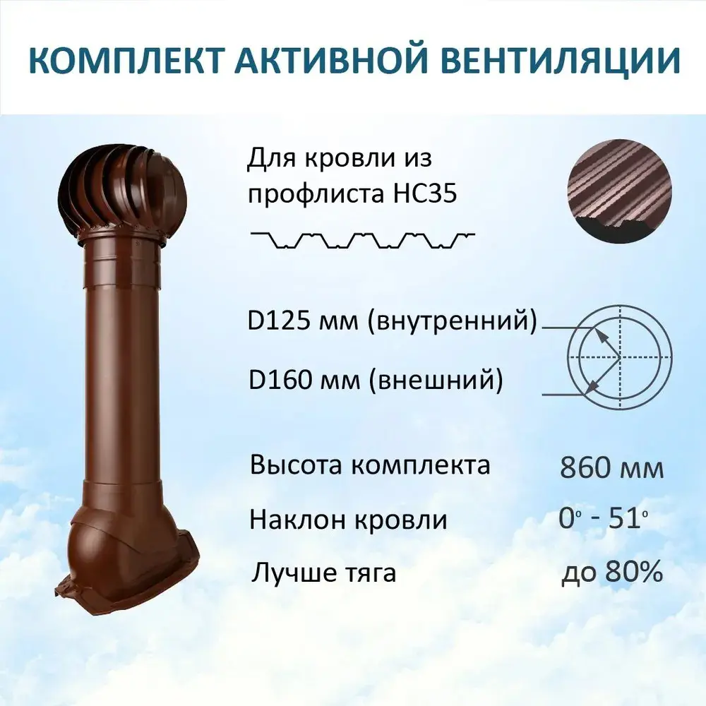 Фото 3 Турбодефлектор Polivent TD160 утепленный Н700 для кровельного профнастила 35 мм цвет коричневый Фото 3 Турбодефлектор Polivent TD160 утепленный Н700 для кровельного профнастила 35 мм цвет коричневый
