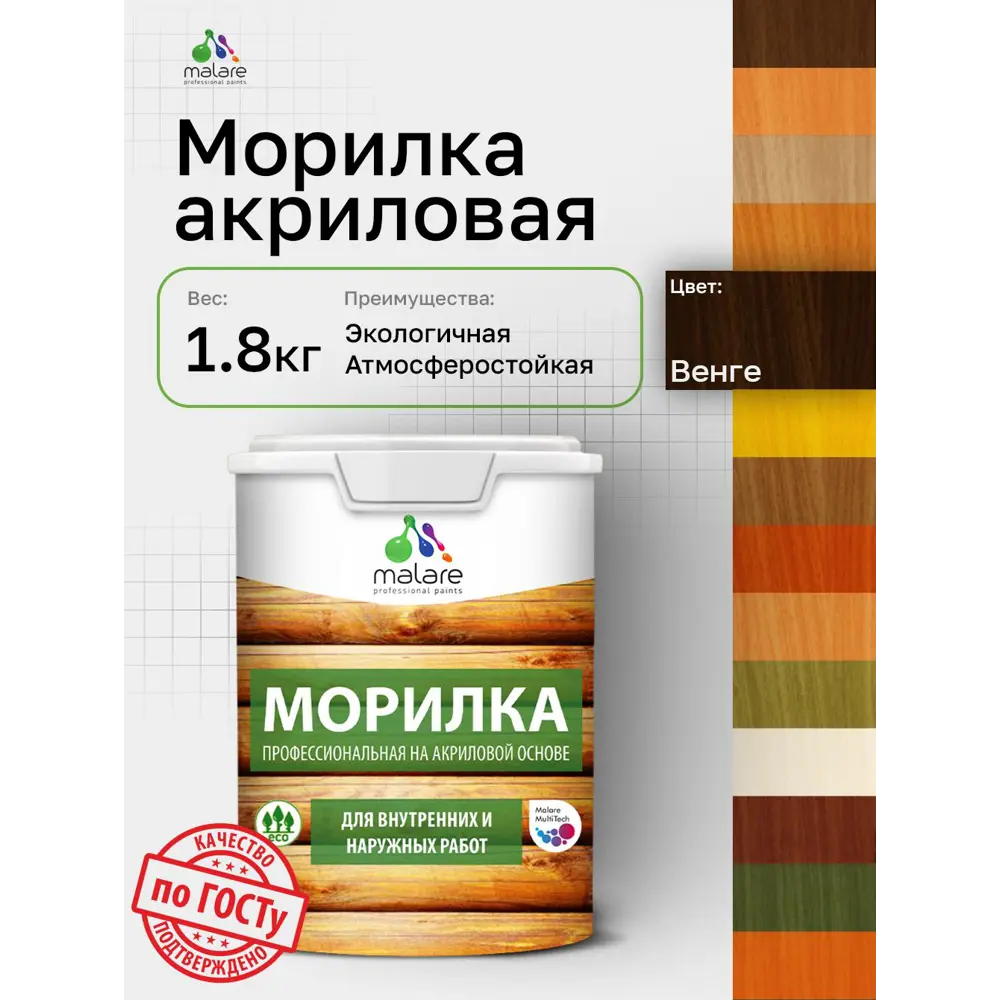 Фото Морилка для дерева профессиональная Malare Wood без запаха цвет венге 1.8 кг