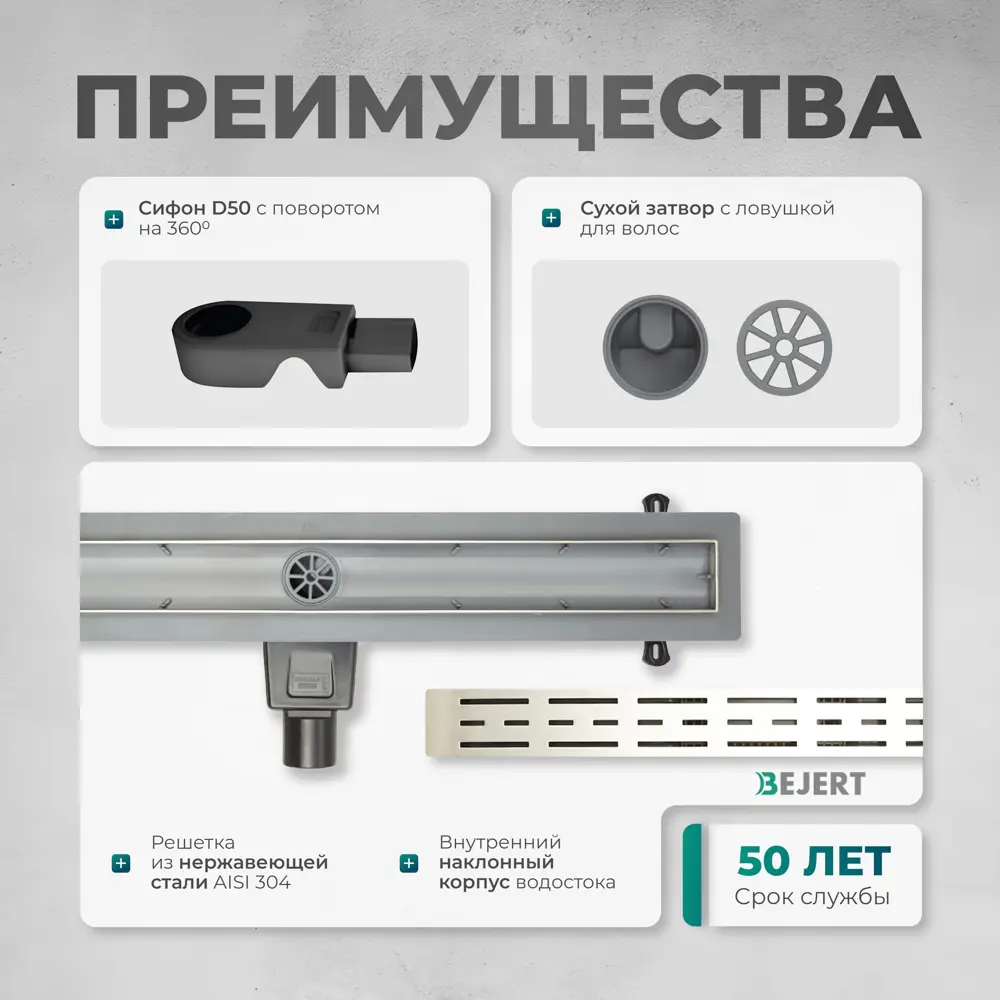 Фото 3 Трап для душа Bejert B716C150-11050-3 комбинированный затвор 11.2x50 см нержавеющая сталь Фото 3 Трап для душа Bejert B716C150-11050-3 комбинированный затвор 11.2x50 см нержавеющая сталь