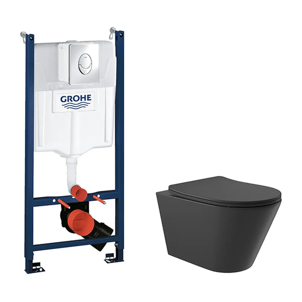 Фото Инсталляция GROHE Rapid SL с клавишей матовый хром и унитаз подвесной безободковый ADT 52.5x36 микролифт черный матовый форма конус Фото Инсталляция GROHE Rapid SL с клавишей матовый хром и унитаз подвесной безободковый ADT 52.5x36 микролифт черный матовый форма конус