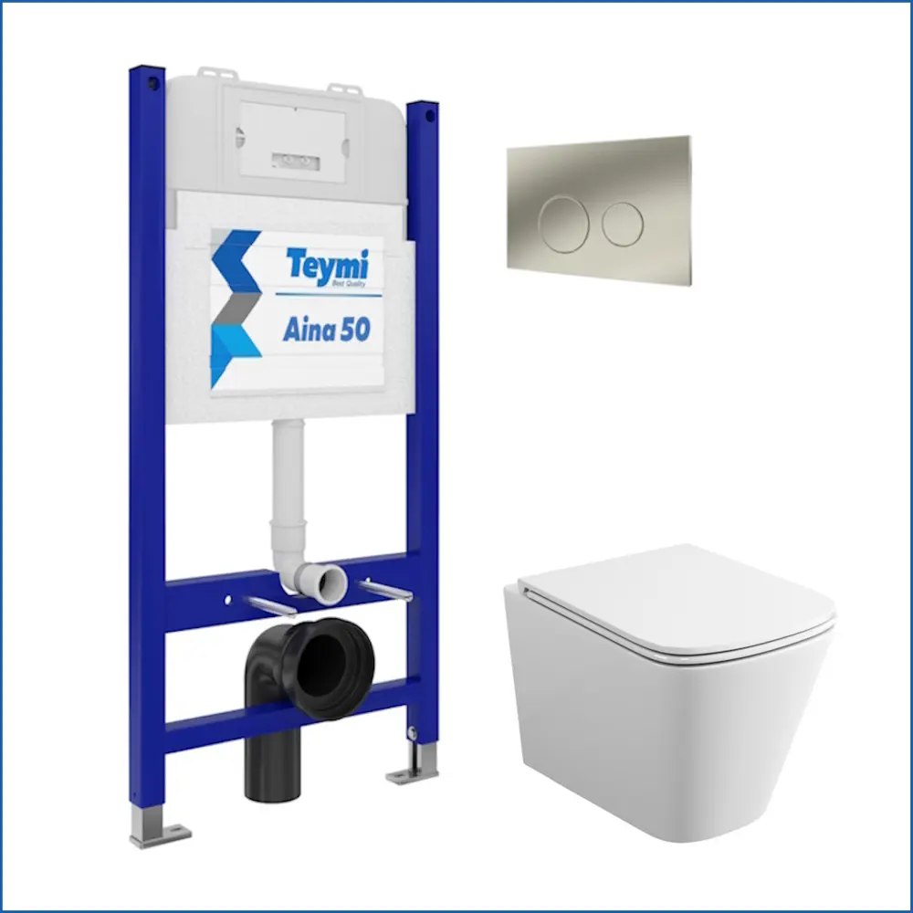 Фото 2 Инсталляция с унитазом комплект 5 в 1 Teymi F13423 унитаз подвесной безободковый Helmi S кнопка нержавеющая сталь