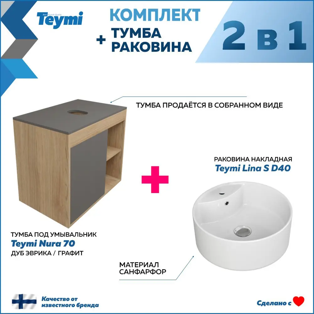 Фото 3 Комплект тумба под раковину Teymi Nura 70 дуб эврика/графит матовый и раковина Lina S D40 с полочкой F03516 Фото 3 Комплект тумба под раковину Teymi Nura 70 дуб эврика/графит матовый и раковина Lina S D40 с полочкой F03516