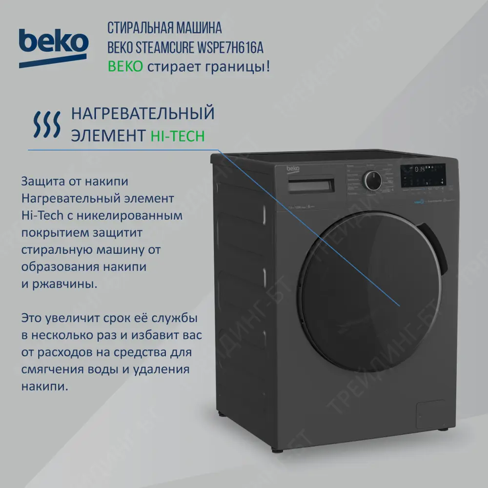 Фото 7 Стиральная машина Beko WSPE7H616A 59.6x84x45 см, 7.5 кг, цвет антрацит