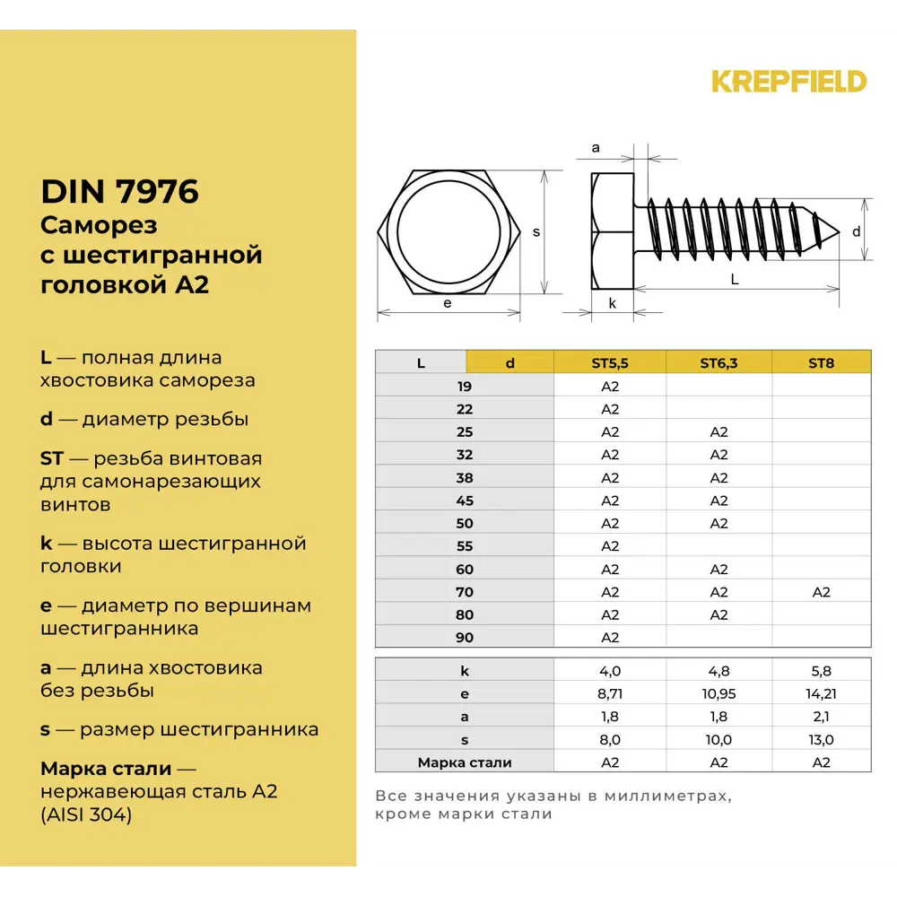 Фото 3 Саморезы универсальные Krepfield DIN 7976 шестигранные острые 5.5x90 мм 20 шт. Фото 3 Саморезы универсальные Krepfield DIN 7976 шестигранные острые 5.5x90 мм 20 шт.