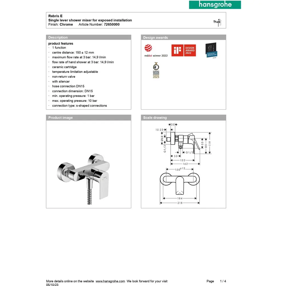 Фото 7 Смеситель для душа Hansgrohe Rebris E 72650000 однорычажный, внешнего монтажа цвет хром Фото 7 Смеситель для душа Hansgrohe Rebris E 72650000 однорычажный, внешнего монтажа цвет хром